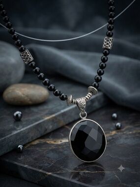 Necklace 925 Sterling Silver pendant Stamped Black Faceted Glass Necklace goth